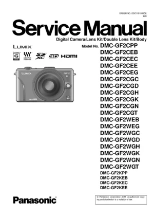 Panasonic lumix dmc gf2 gf2c gf2w gf2k service manual cover with picture of the camera, model type and numbers, manual creation date and safety and warning notice.