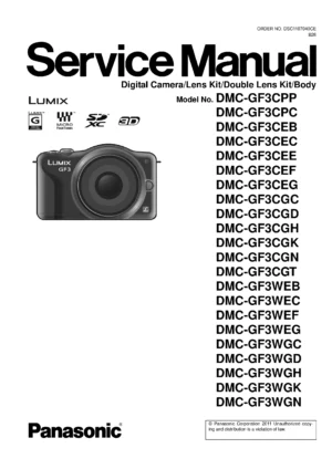 Panasonic lumix dmc gf3 gf3c gf3w gf3k service manual cover with picture of the camera, model type and numbers, manual creation date and safety and warning notice.