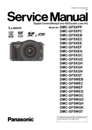 Panasonic lumix dmc gf5 gf5c gf5k gf5x gf5w service manual cover with picture of the camera, model type and numbers, manual creation date and safety and warning notice.