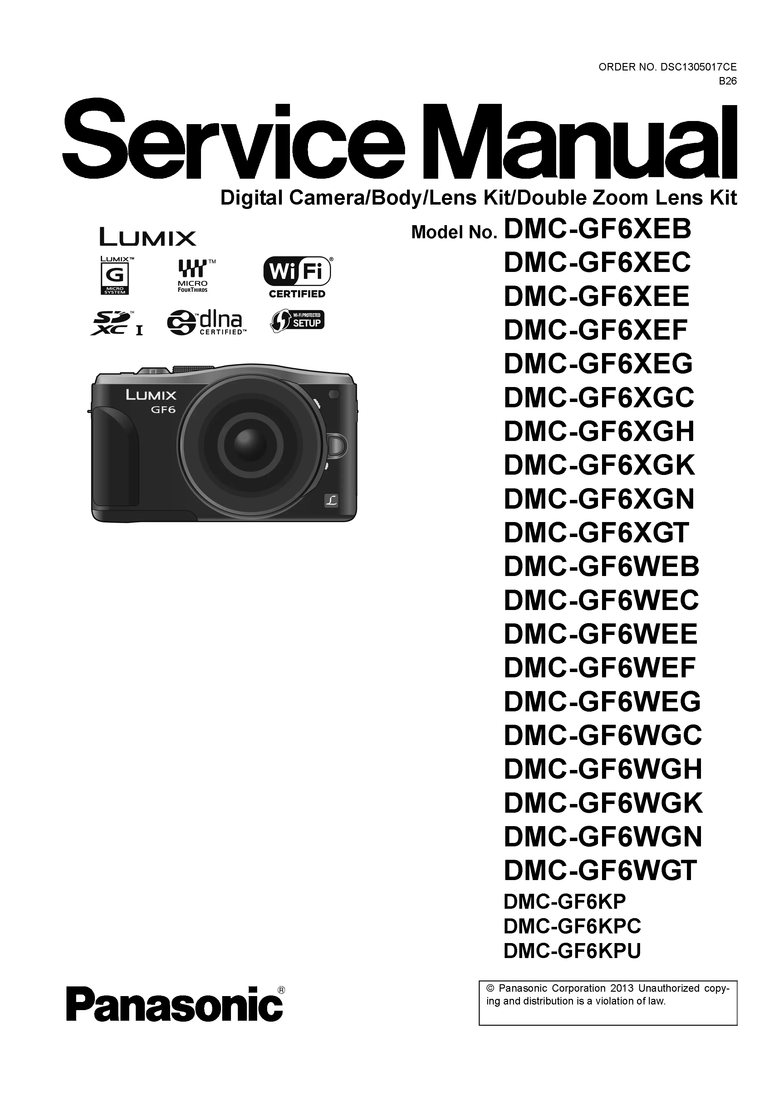 Panasonic lumix dmc gf6 gf6x gf6w gf6k service manual cover with picture of the camera, model type and numbers, manual creation date and safety and warning notice.