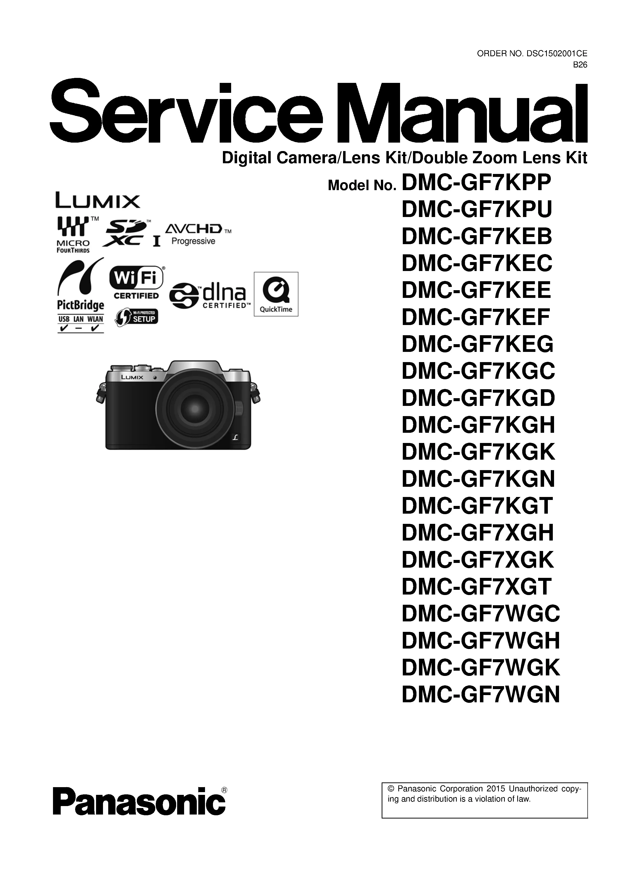 Panasonic lumix dmc gf7 service manual cover with picture of the camera, model type and numbers, manual creation date and safety and warning notice.