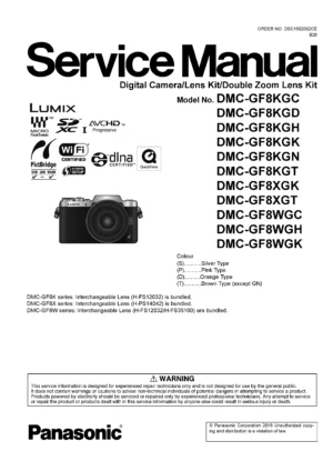 Panasonic lumix dmc gf8 service manual cover with picture of the camera, model type and numbers, manual creation date and safety and warning notice.
