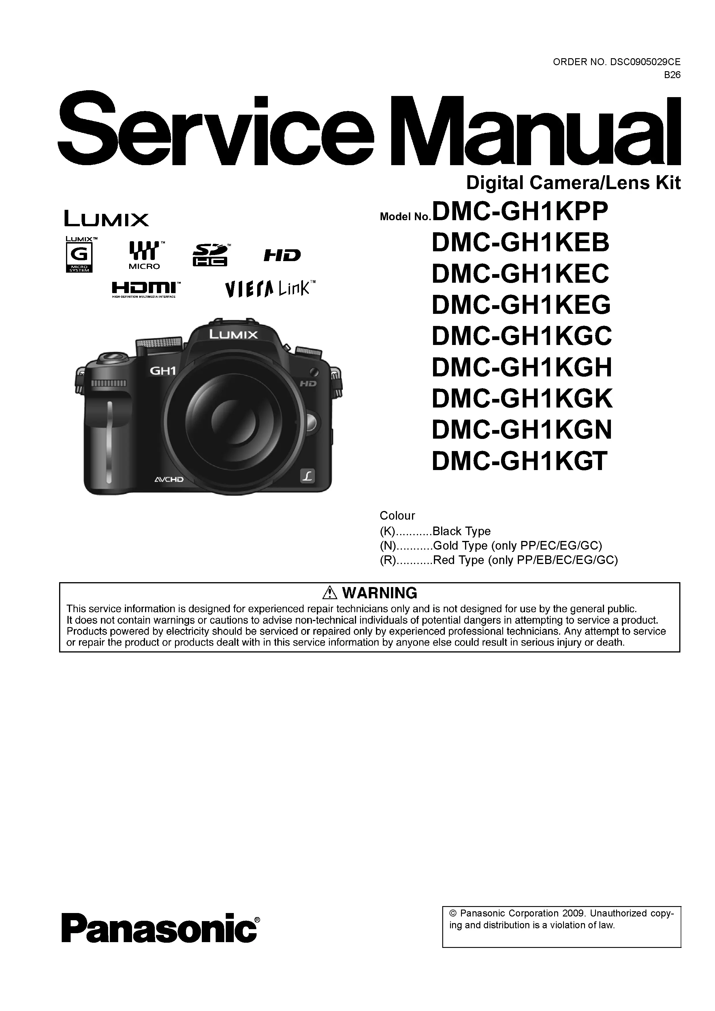 Panasonic lumix dmc gh1 service manual cover with picture of the camera, model type and numbers, manual creation date and safety and warning notice.