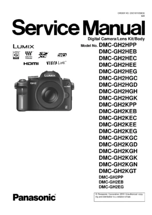 Panasonic lumix dmc gh2 gh2h gh2k service manual cover with picture of the camera, model type and numbers, manual creation date and safety and warning notice.