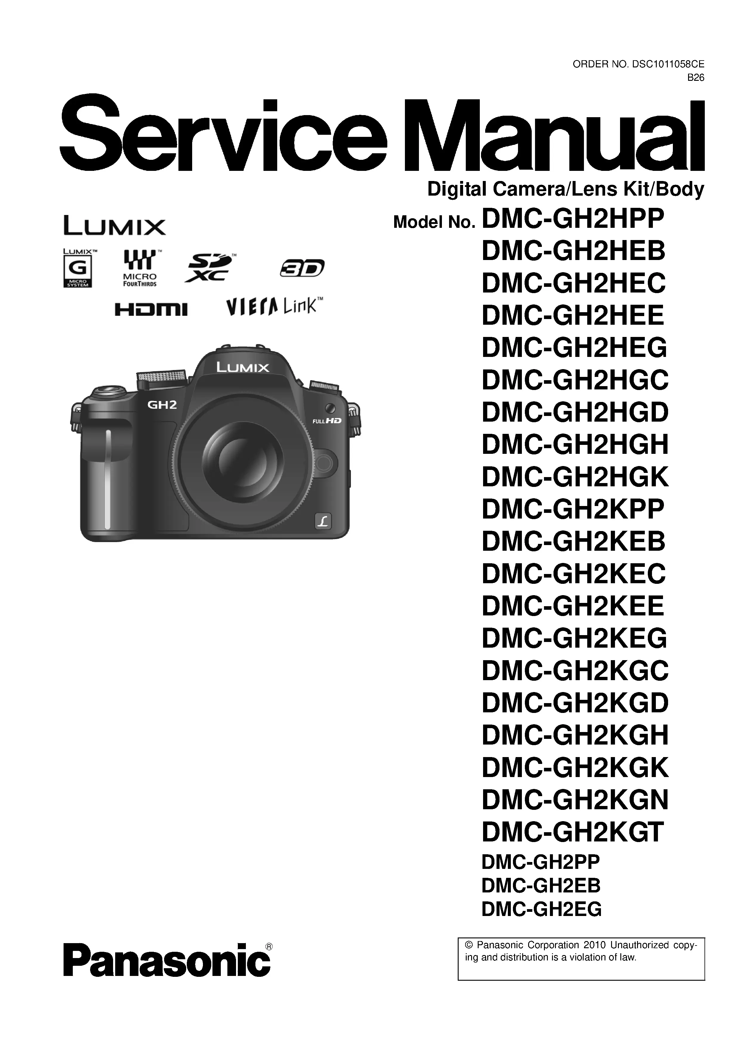Panasonic lumix dmc gh2 gh2h gh2k service manual cover with picture of the camera, model type and numbers, manual creation date and safety and warning notice.