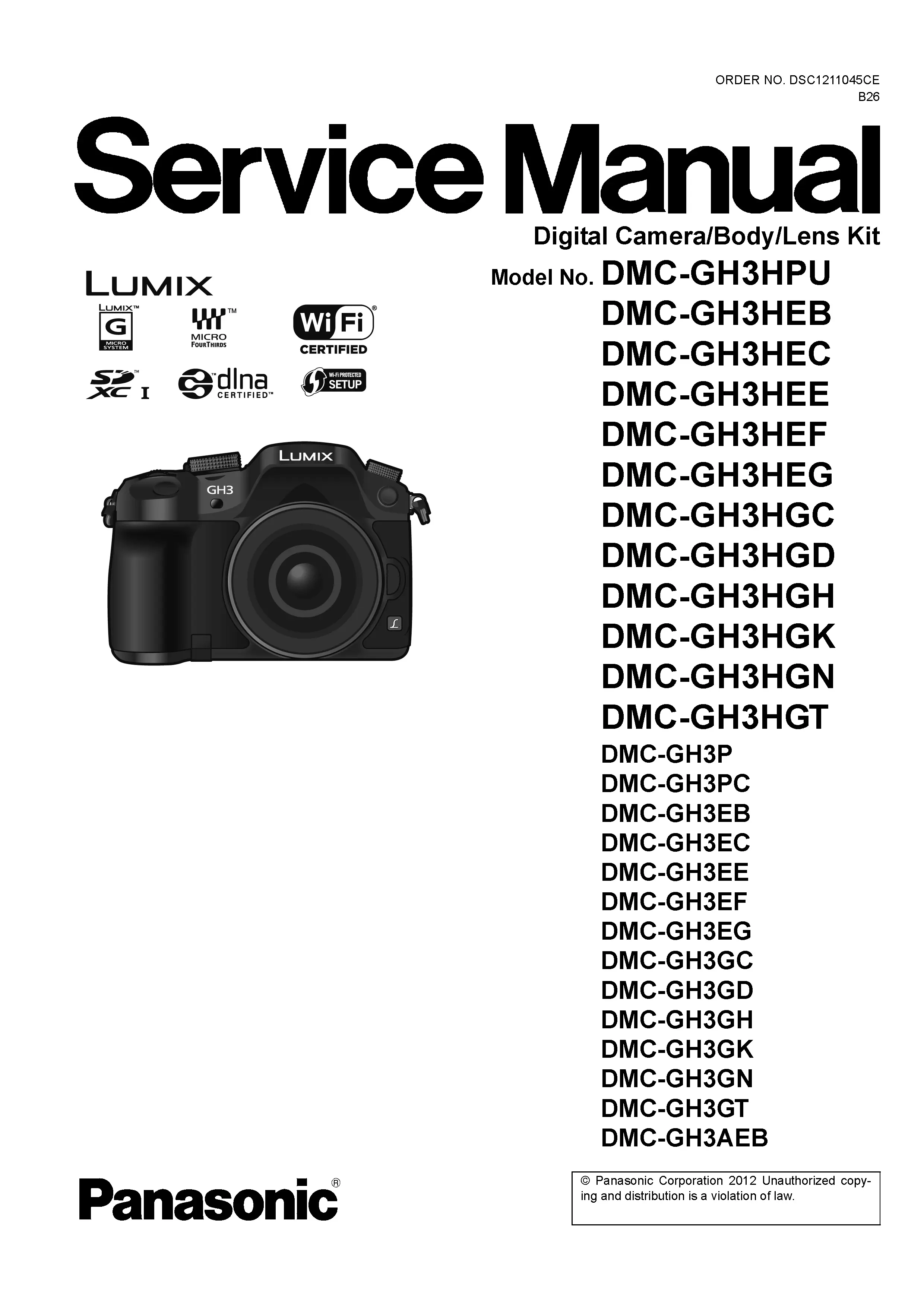 Panasonic lumix dmc gh3 gh3h gh3p gh3e gh3g gh3a service manual cover with picture of the camera, model type and numbers, manual creation date and safety and warning notice.