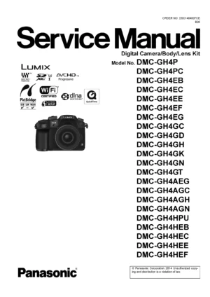 Panasonic lumix dmc gh4 gh4a gh4h service manual cover with picture of the camera, model type and numbers, manual creation date and safety and warning notice.