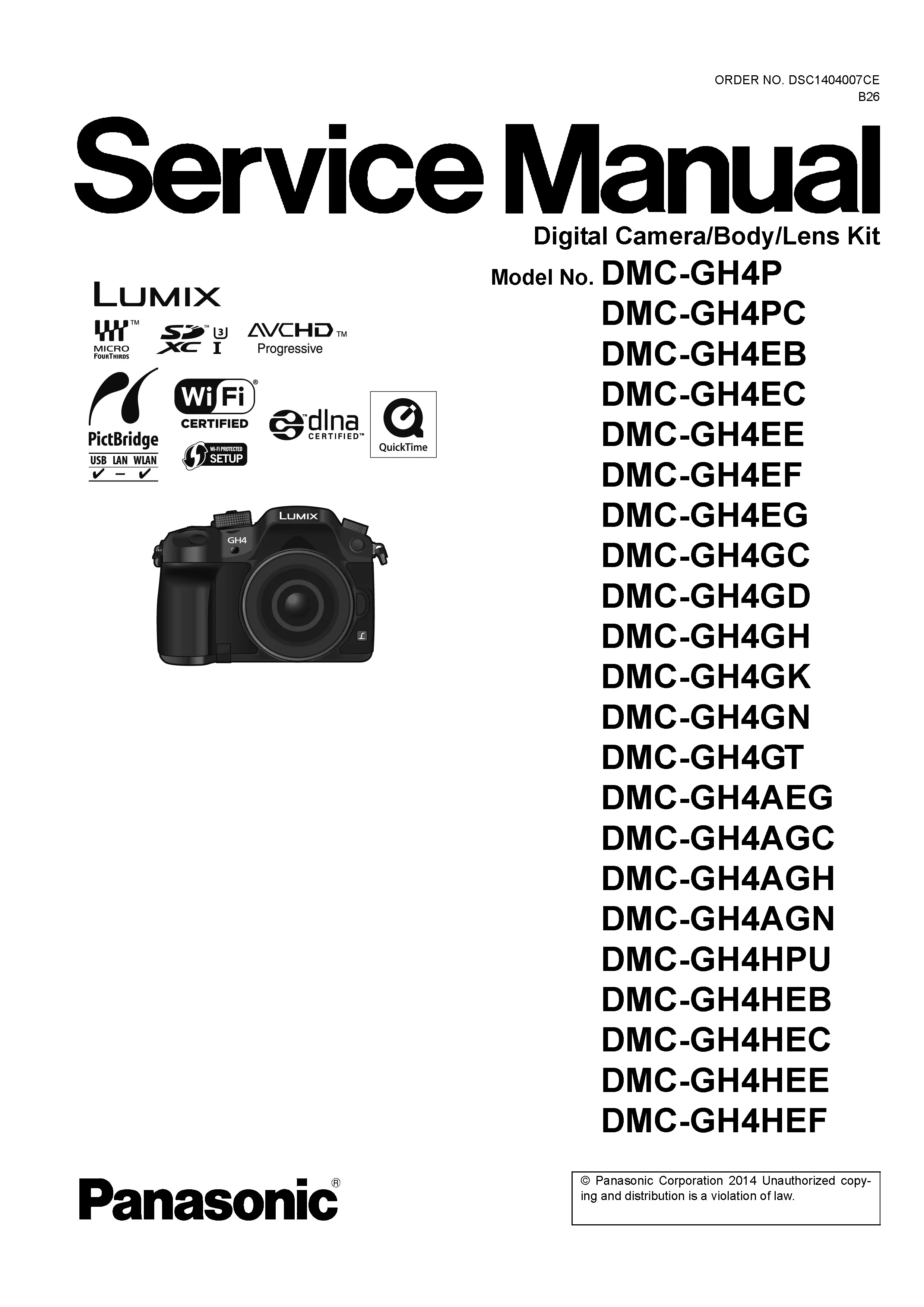 Panasonic lumix dmc gh4 gh4a gh4h service manual cover with picture of the camera, model type and numbers, manual creation date and safety and warning notice.