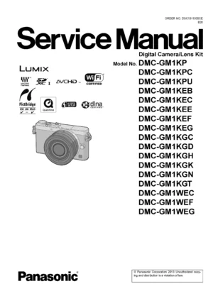 Panasonic lumix dmc gm1 gm1k gm1w service manual cover with picture of the camera, model type and numbers, manual creation date and safety and warning notice.