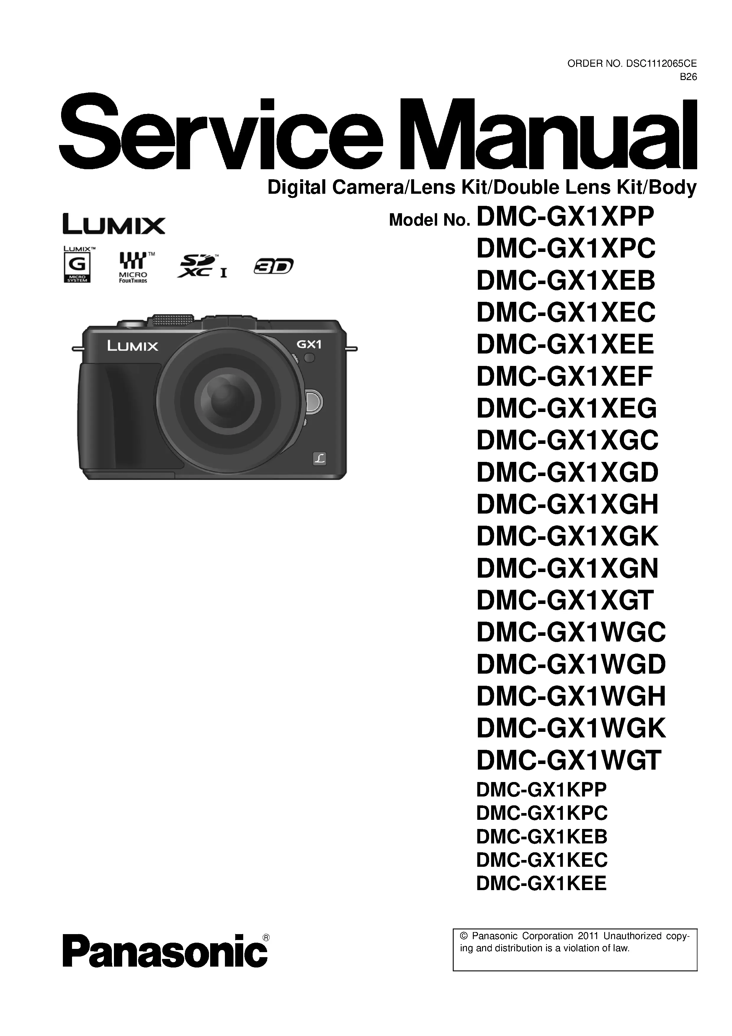 Panasonic lumix dmc gx1 gx1x gx1w gx1k service manual cover with picture of the camera, model type and numbers, manual creation date and safety and warning notice.