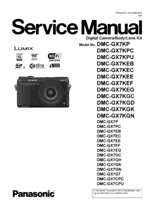 Panasonic lumix dmc gx7 gx7g gx7e gx7k gx7c service manual cover with picture of the camera, model type and numbers, manual creation date and safety and warning notice.