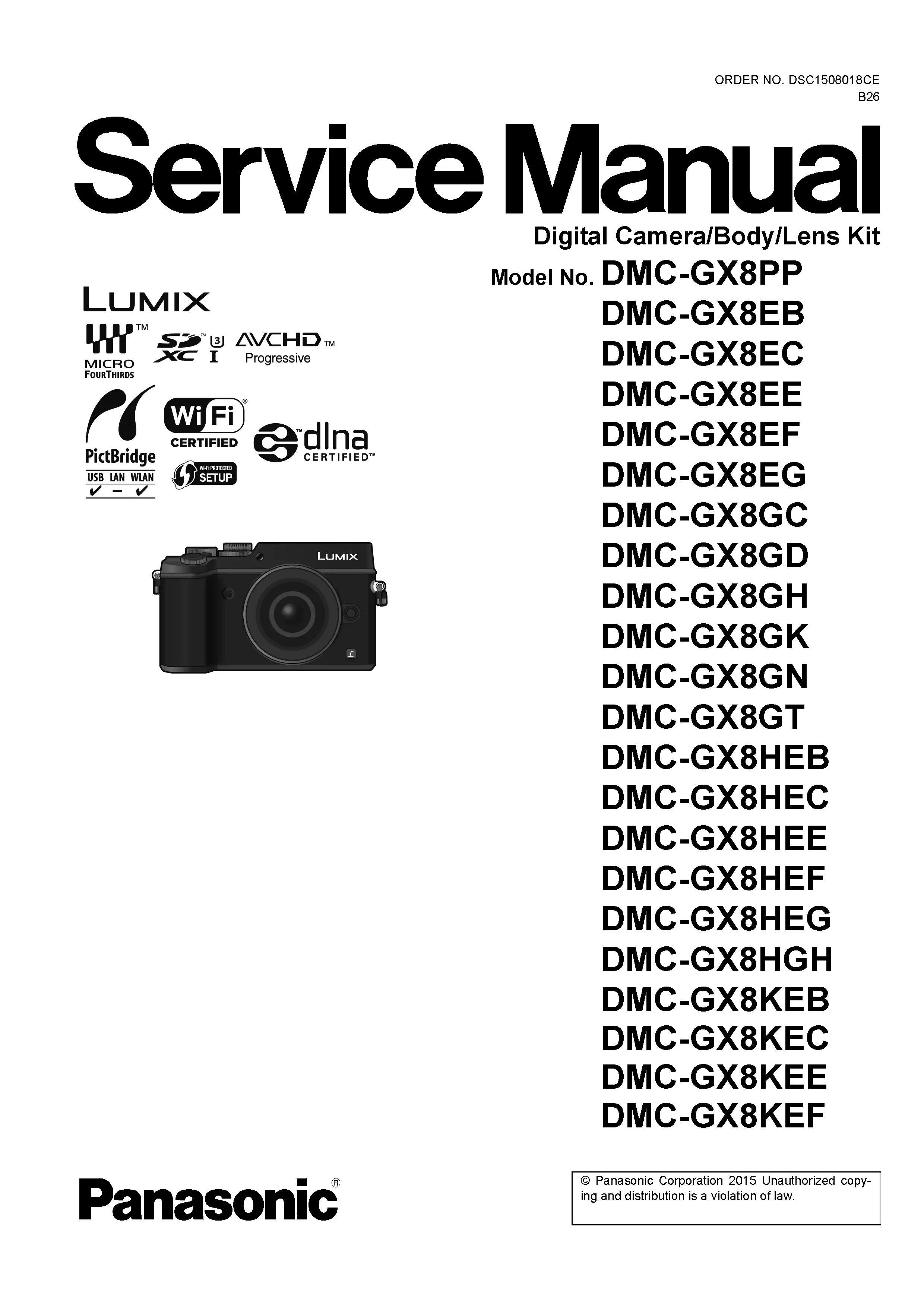Panasonic lumix dmc gx8 service manual cover with picture of the camera, model type and numbers, manual creation date and safety and warning notice.