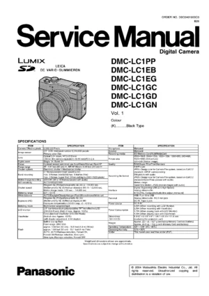 Panasonic lumix dmc lc1 service manual cover with picture of the camera, model type and numbers, manual creation date and safety and warning notice.