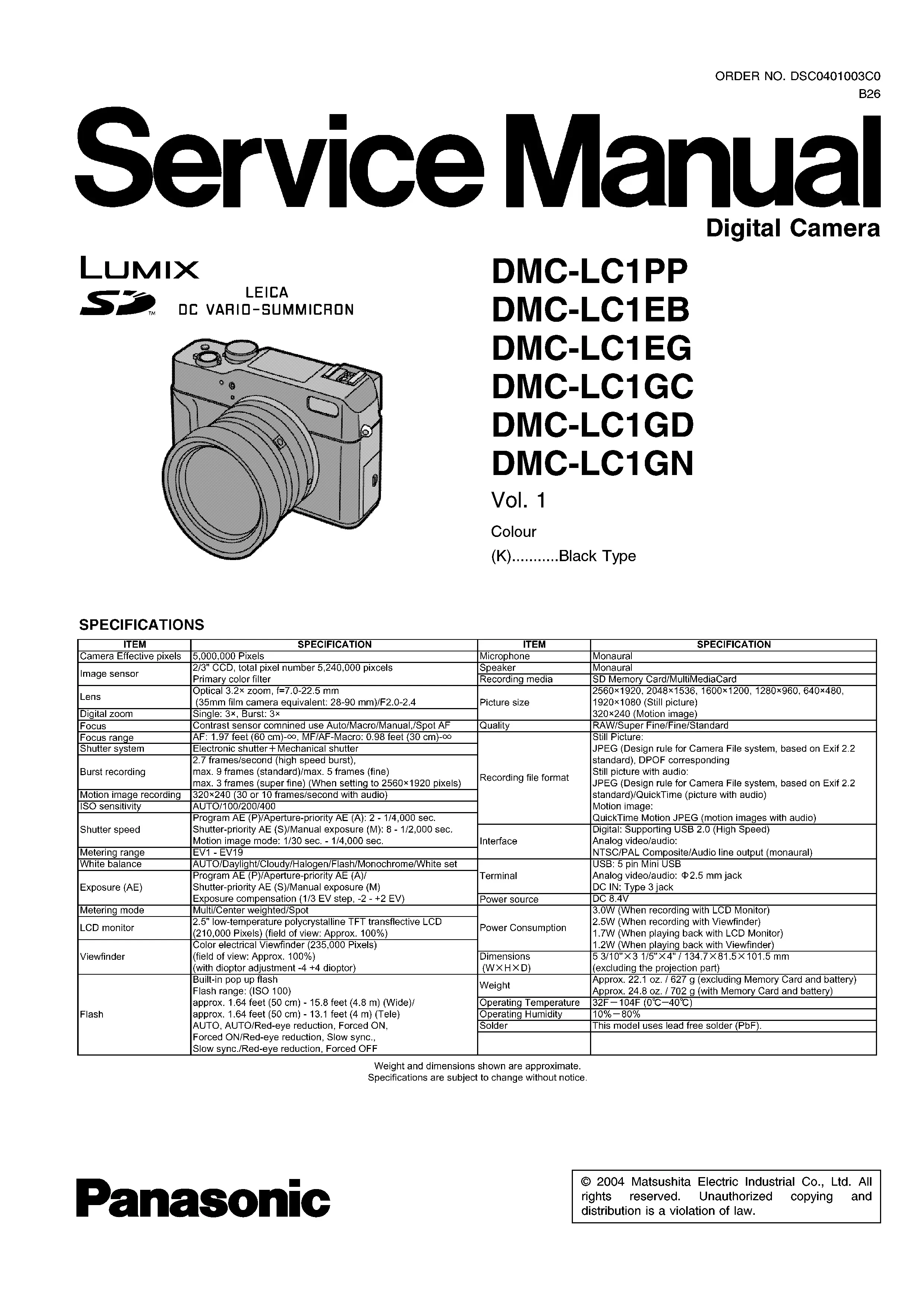 Panasonic lumix dmc lc1 service manual cover with picture of the camera, model type and numbers, manual creation date and safety and warning notice.
