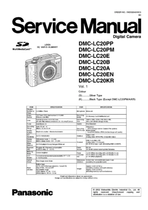 Panasonic lumix dmc lc20 service manual cover with picture of the camera, model type and numbers, manual creation date and safety and warning notice.