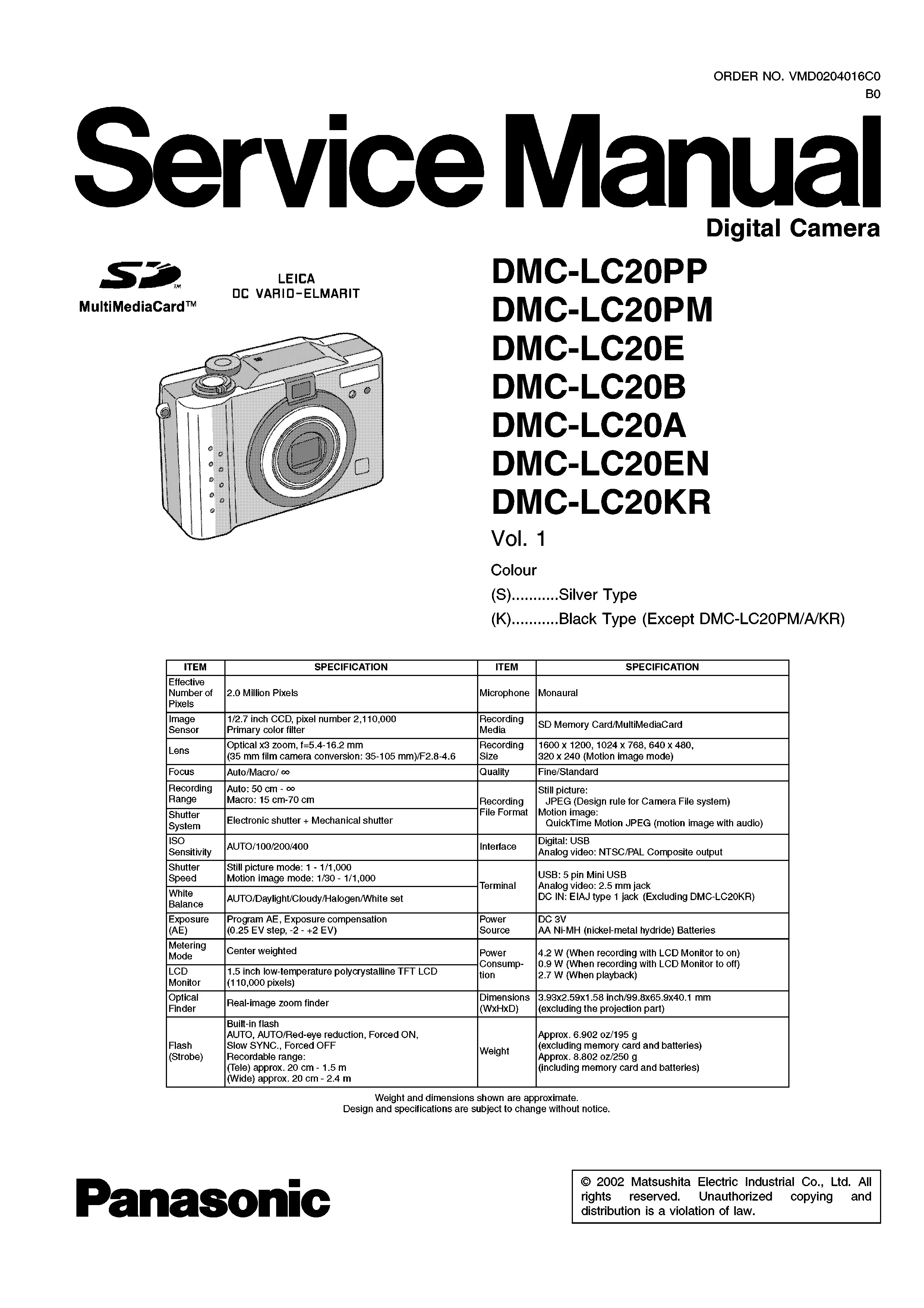 Panasonic lumix dmc lc20 service manual cover with picture of the camera, model type and numbers, manual creation date and safety and warning notice.