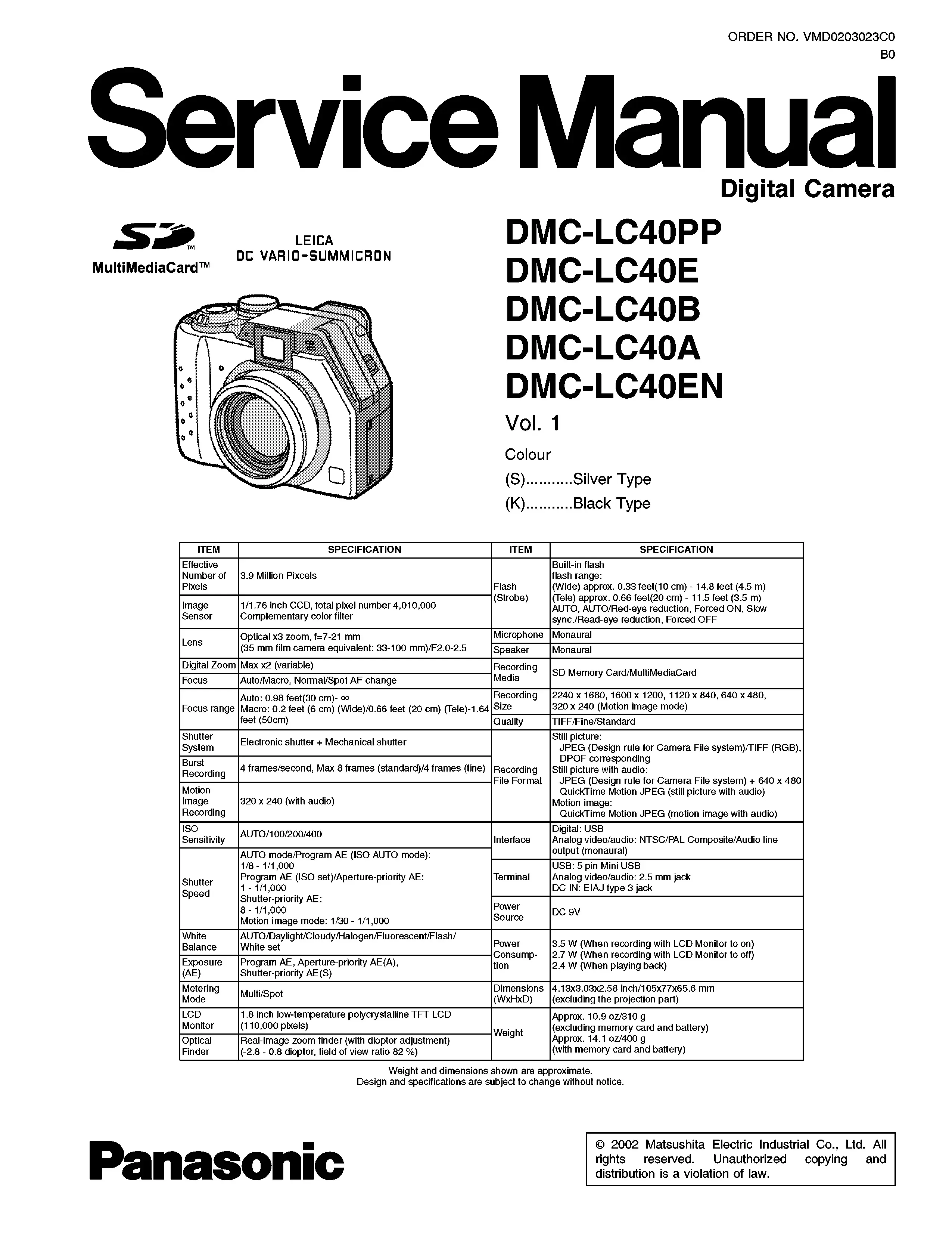 Panasonic lumix dmc lc40 service manual cover with picture of the camera, model type and numbers, manual creation date and safety and warning notice.