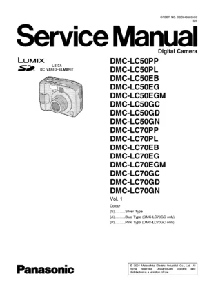 Panasonic lumix dmc lc50 service manual cover with picture of the camera, model type and numbers, manual creation date and safety and warning notice.