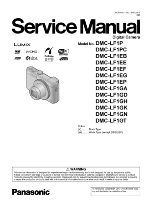 Panasonic lumix dmc lf1 service manual cover with picture of the camera, model type and numbers, manual creation date and safety and warning notice.