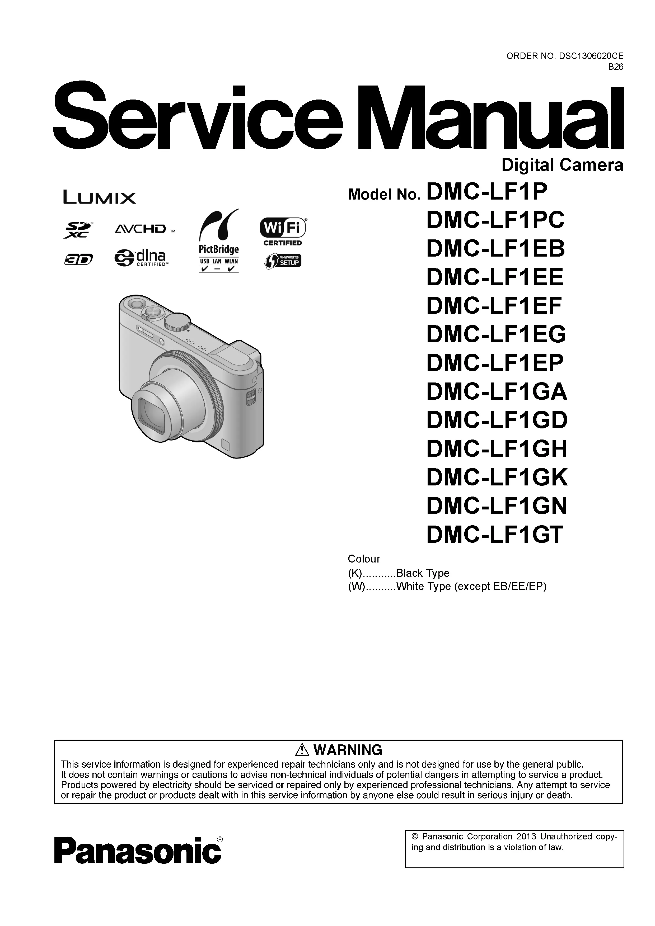Panasonic lumix dmc lf1 service manual cover with picture of the camera, model type and numbers, manual creation date and safety and warning notice.