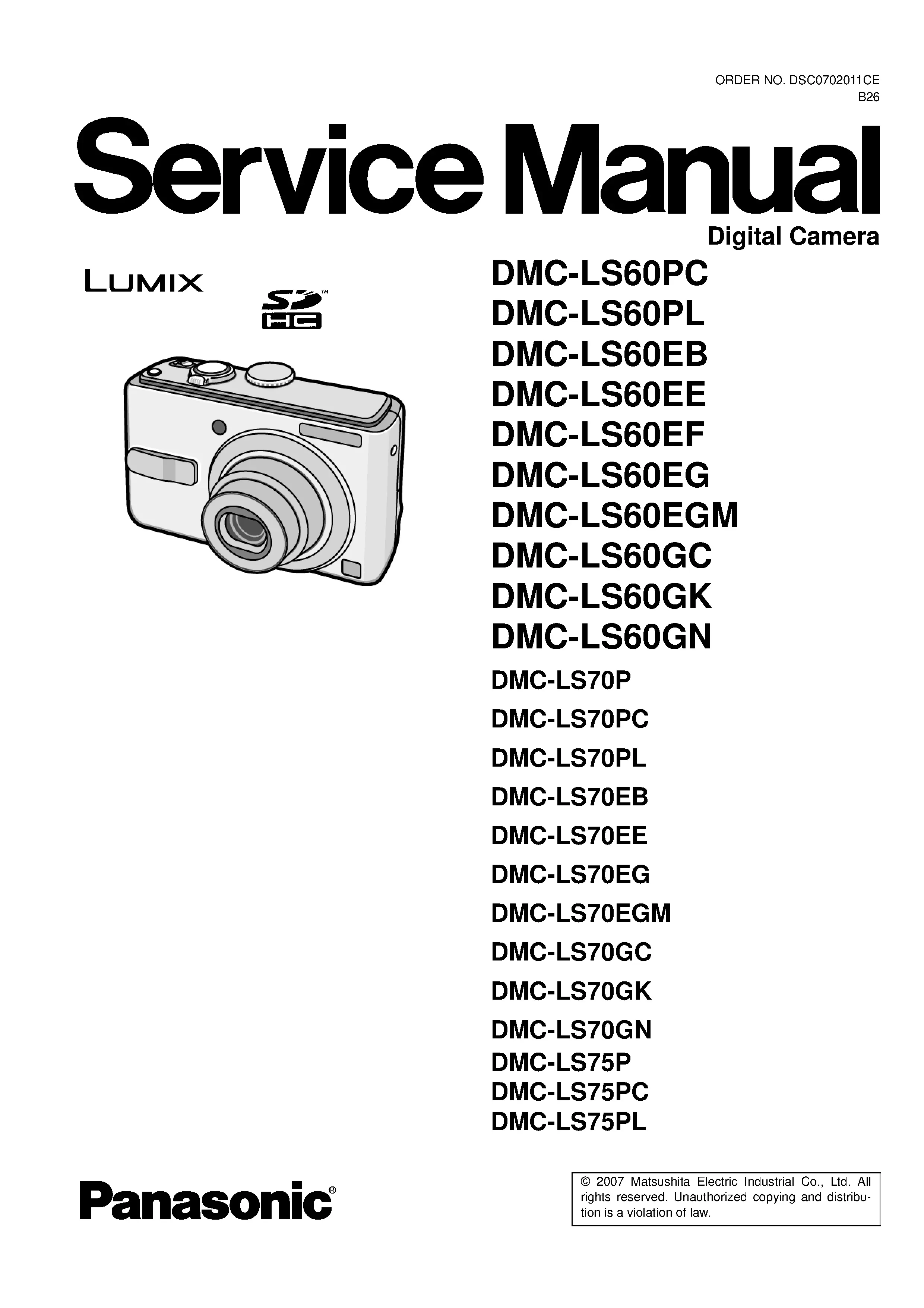 Panasonic lumix dmc ls60 service manual cover with picture of the camera, model type and numbers, manual creation date and safety and warning notice.