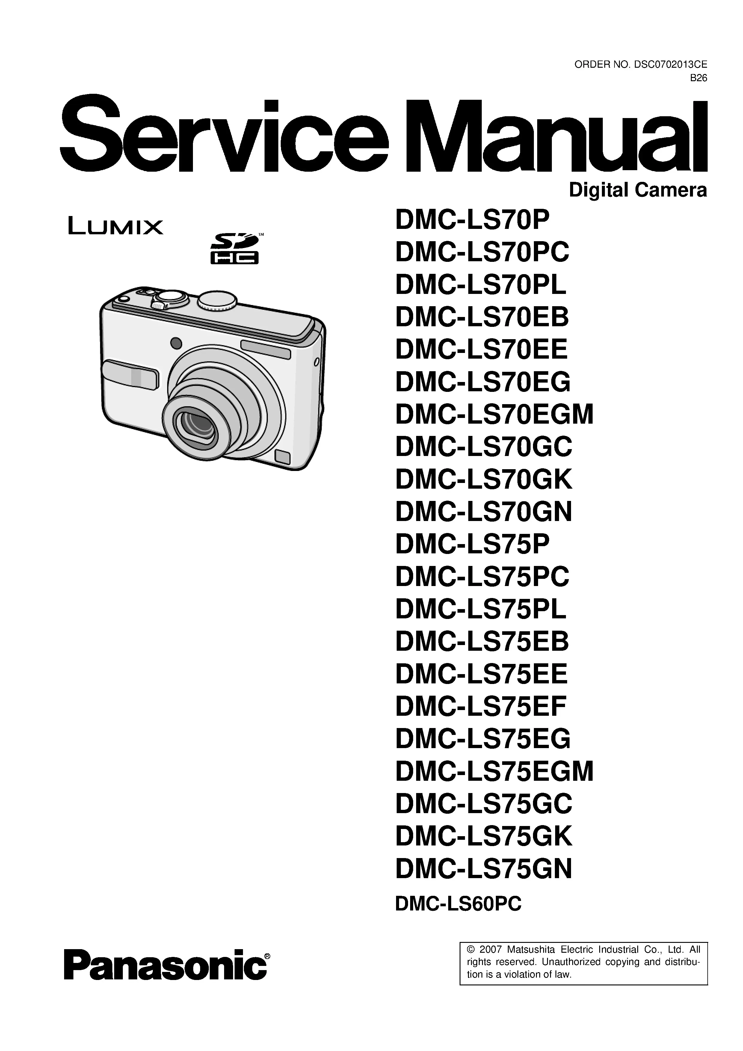 Panasonic lumix dmc ls70 ls75 service manual cover with picture of the camera, model type and numbers, manual creation date and safety and warning notice.