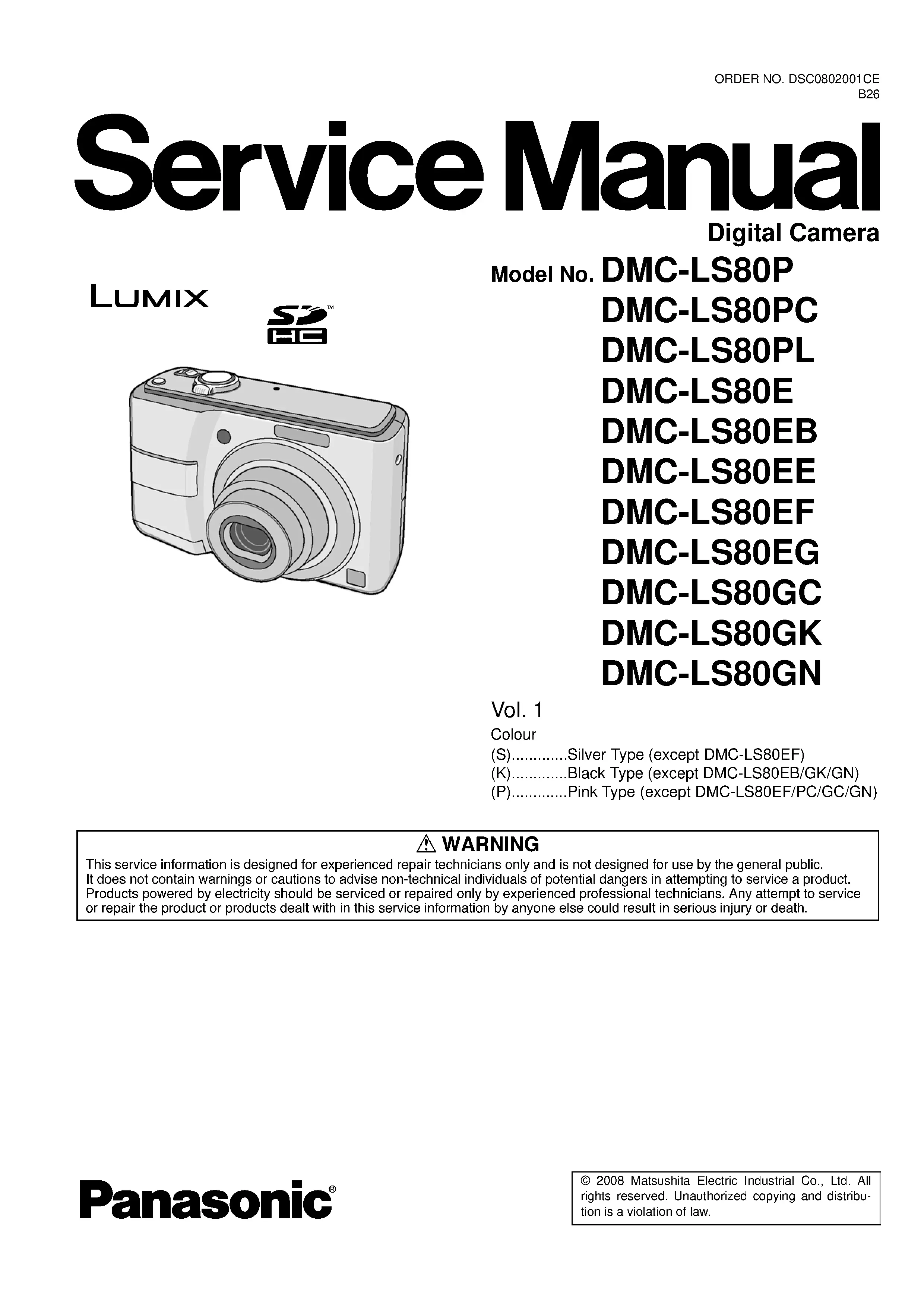 Panasonic lumix dmc ls80 service manual cover with picture of the camera, model type and numbers, manual creation date and safety and warning notice.