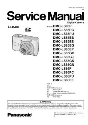 Panasonic lumix dmc ls85 ls86 service manual cover with picture of the camera, model type and numbers, manual creation date and safety and warning notice.