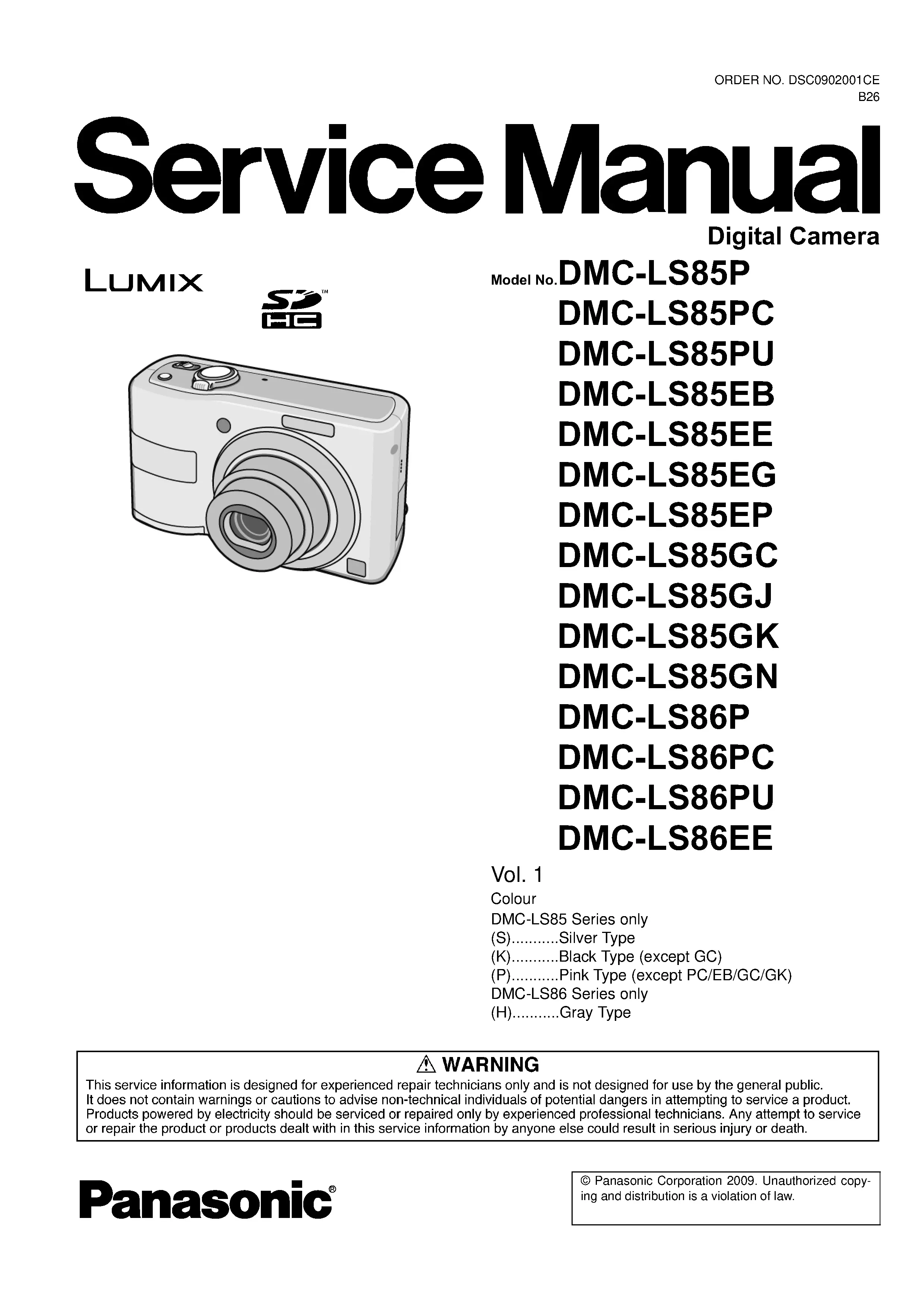 Panasonic lumix dmc ls85 ls86 service manual cover with picture of the camera, model type and numbers, manual creation date and safety and warning notice.