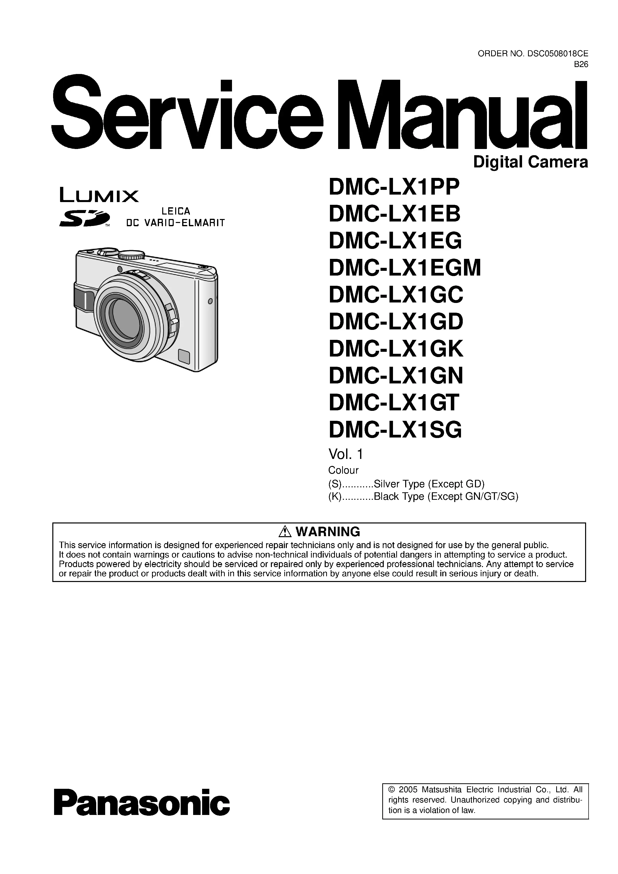 Panasonic lumix dmc lx1 service manual cover with picture of the camera, model type and numbers, manual creation date and safety and warning notice.