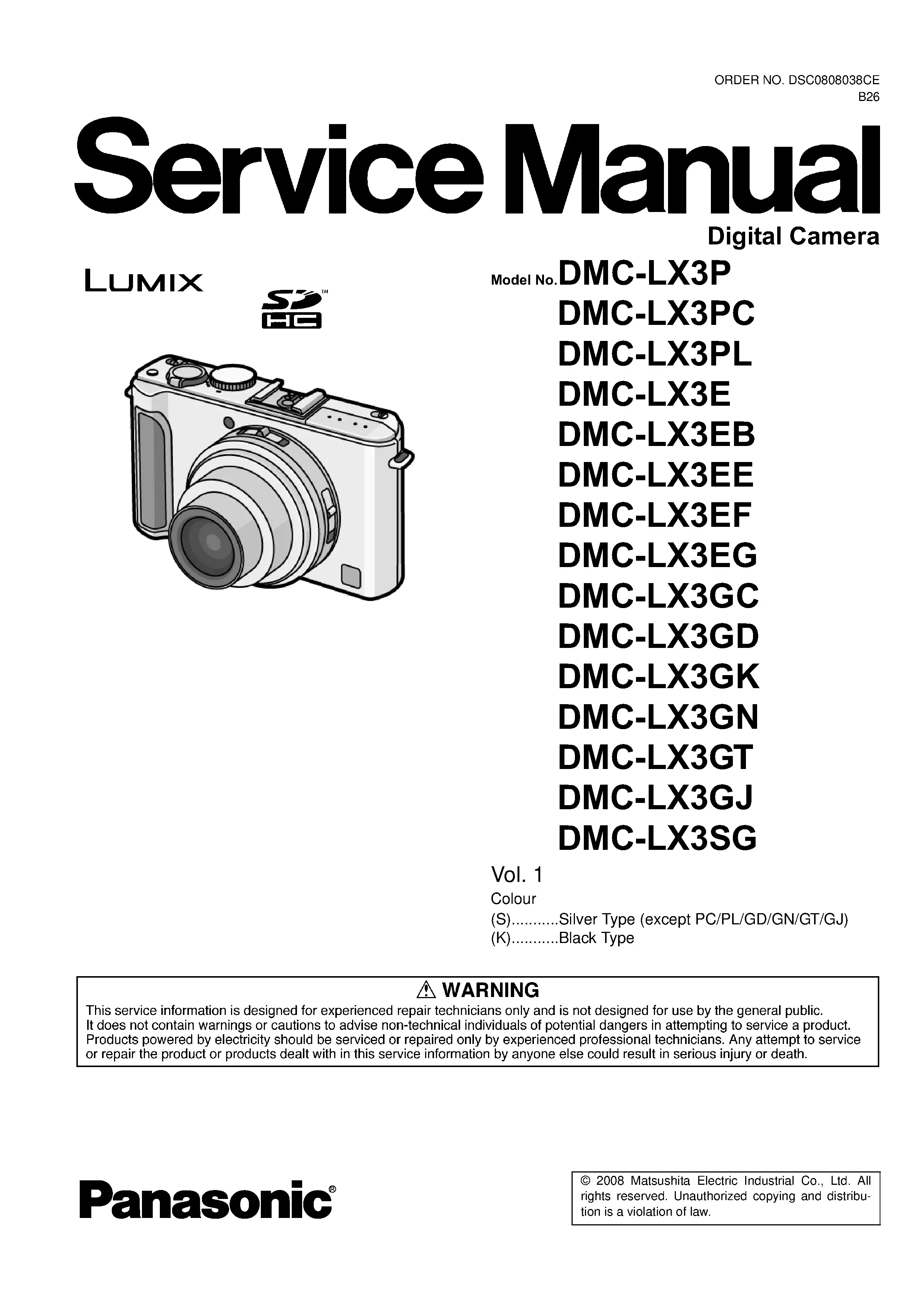 Panasonic lumix dmc lx3 service manual cover with picture of the camera, model type and numbers, manual creation date and safety and warning notice.