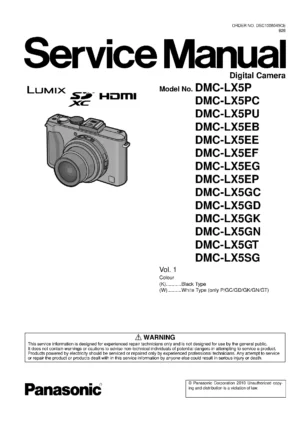 Panasonic lumix dmc lx5 service manual cover with picture of the camera, model type and numbers, manual creation date and safety and warning notice.