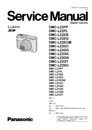 Panasonic lumix dmc lz1 lz2 service manual cover with picture of the camera, model type and numbers, manual creation date and safety and warning notice.