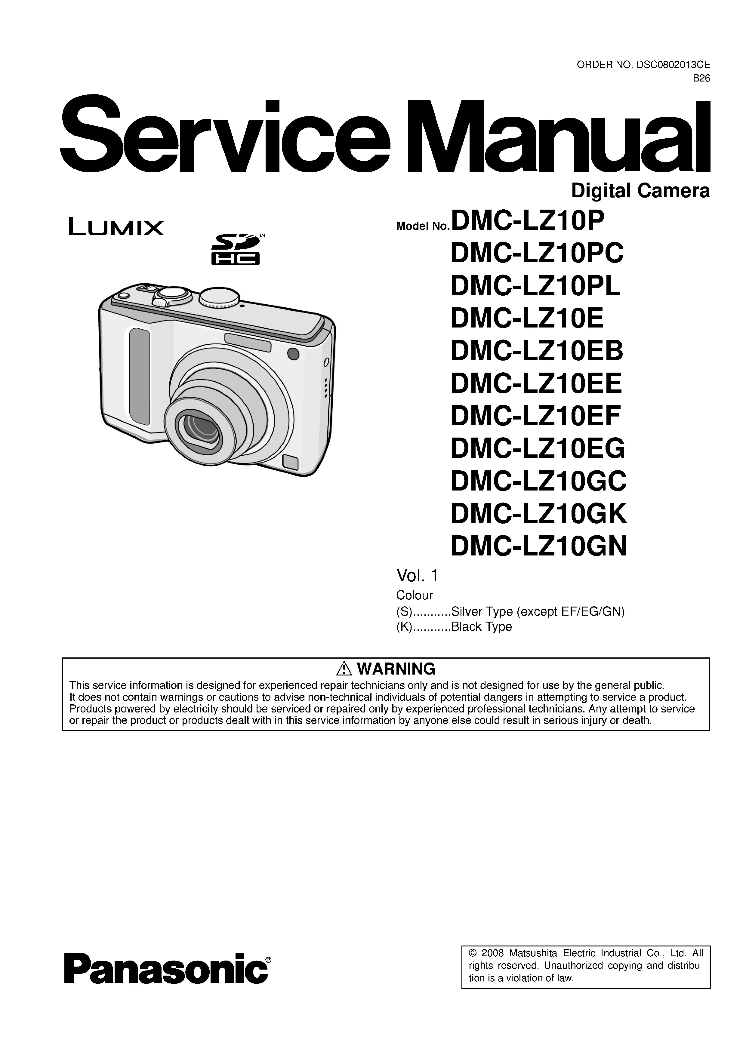 Panasonic lumix dmc lz10 service manual cover with picture of the camera, model type and numbers, manual creation date and safety and warning notice.