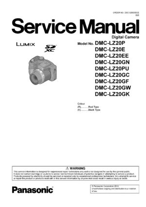 Panasonic lumix dmc lz20 service manual cover with picture of the camera, model type and numbers, manual creation date and safety and warning notice.