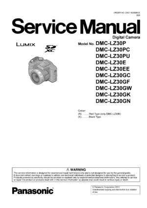 Panasonic lumix dmc lz30 service manual cover with picture of the camera, model type and numbers, manual creation date and safety and warning notice.