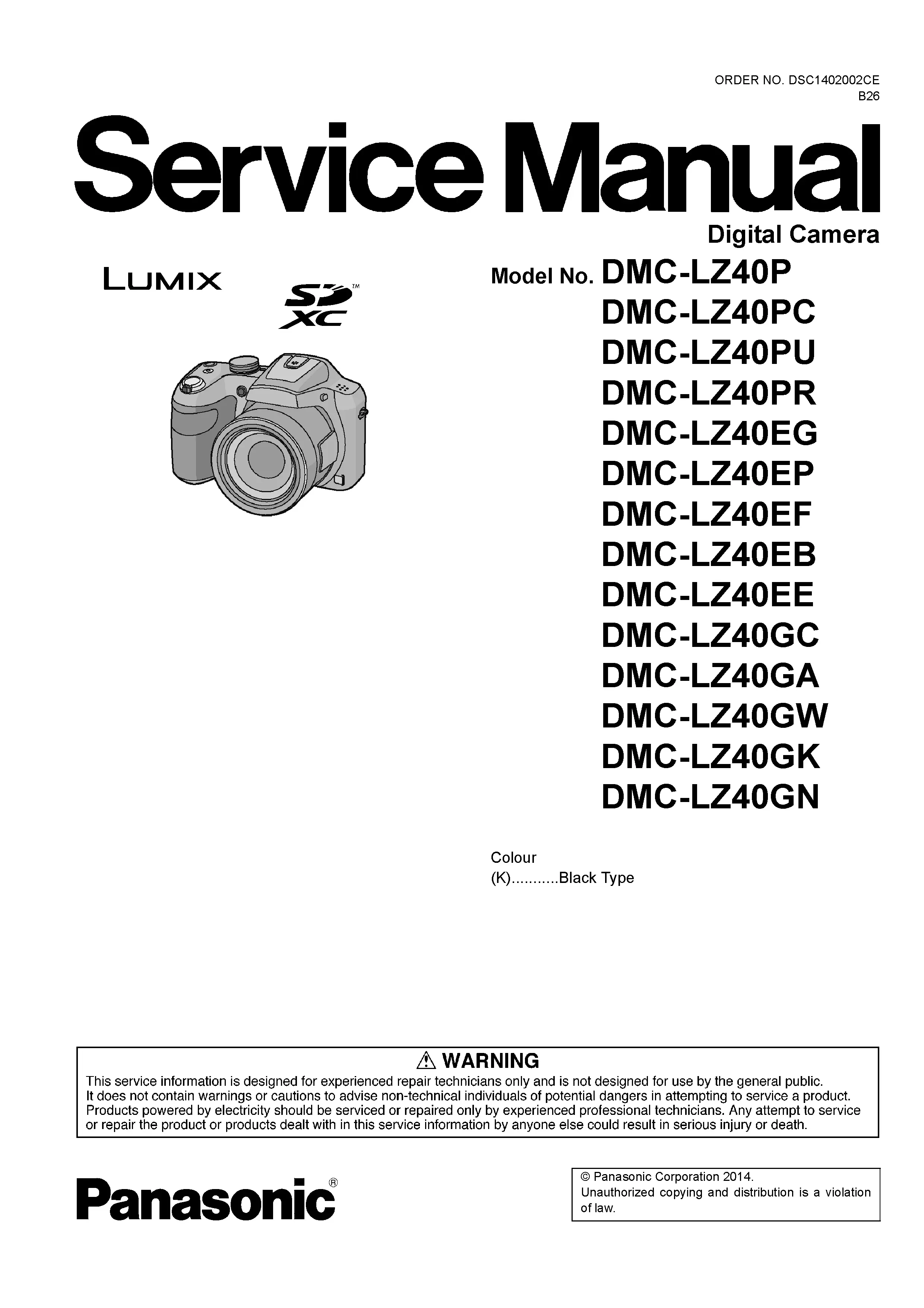 Panasonic lumix dmc lz40 service manual cover with picture of the camera, model type and numbers, manual creation date and safety and warning notice.