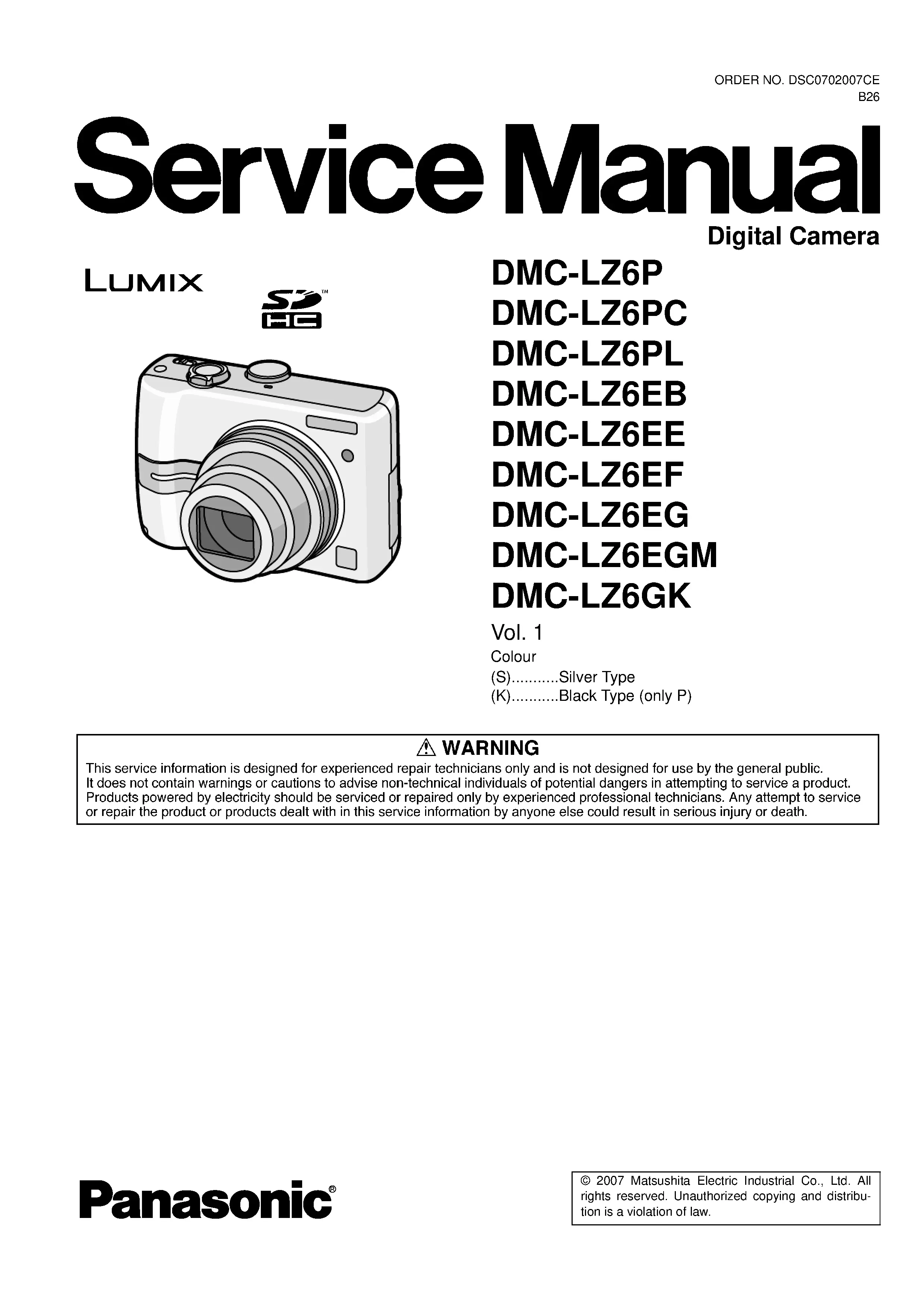 Panasonic lumix dmc lz6 service manual cover with picture of the camera, model type and numbers, manual creation date and safety and warning notice.
