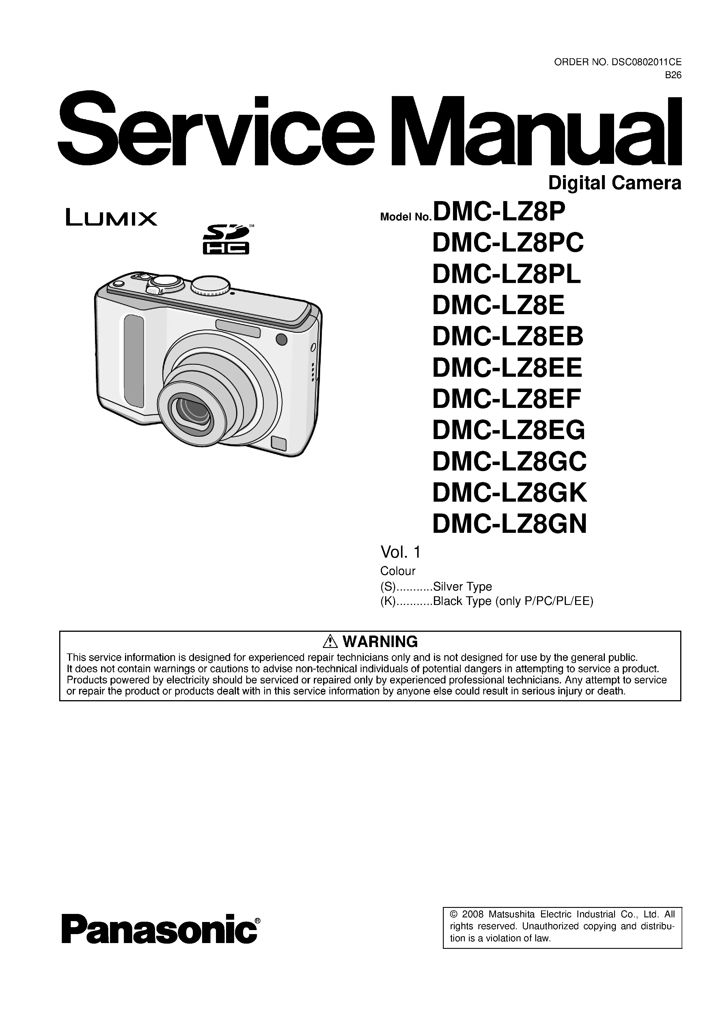 Panasonic lumix dmc lz8 service manual cover with picture of the camera, model type and numbers, manual creation date and safety and warning notice.