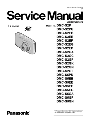 Panasonic lumix dmc s2 s5 service manual cover with picture of the camera, model type and numbers, manual creation date and safety and warning notice.