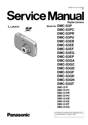 Panasonic lumix dmc s3 s1 service manual cover with picture of the camera, model type and numbers, manual creation date and safety and warning notice.