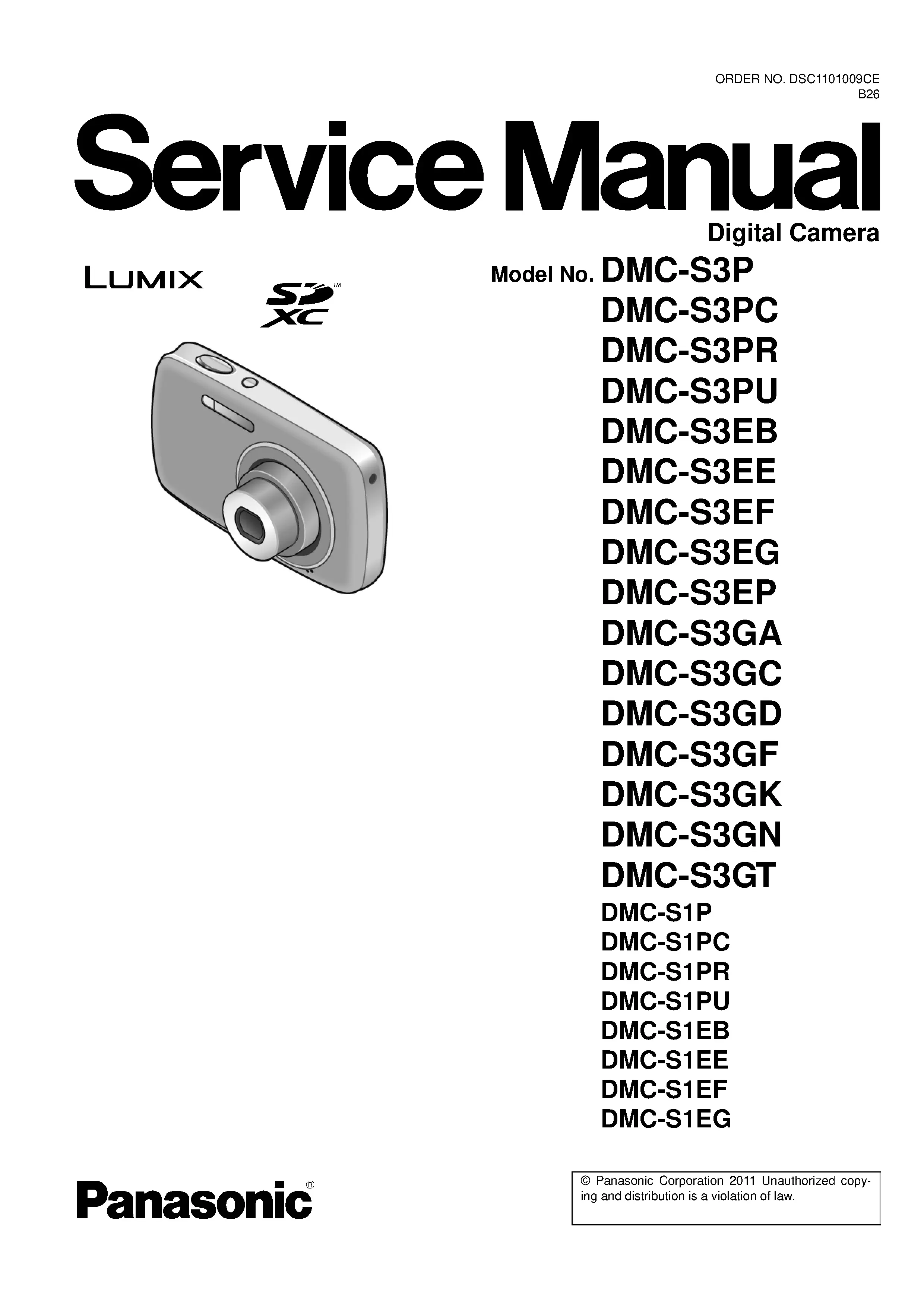 Panasonic lumix dmc s3 s1 service manual cover with picture of the camera, model type and numbers, manual creation date and safety and warning notice.