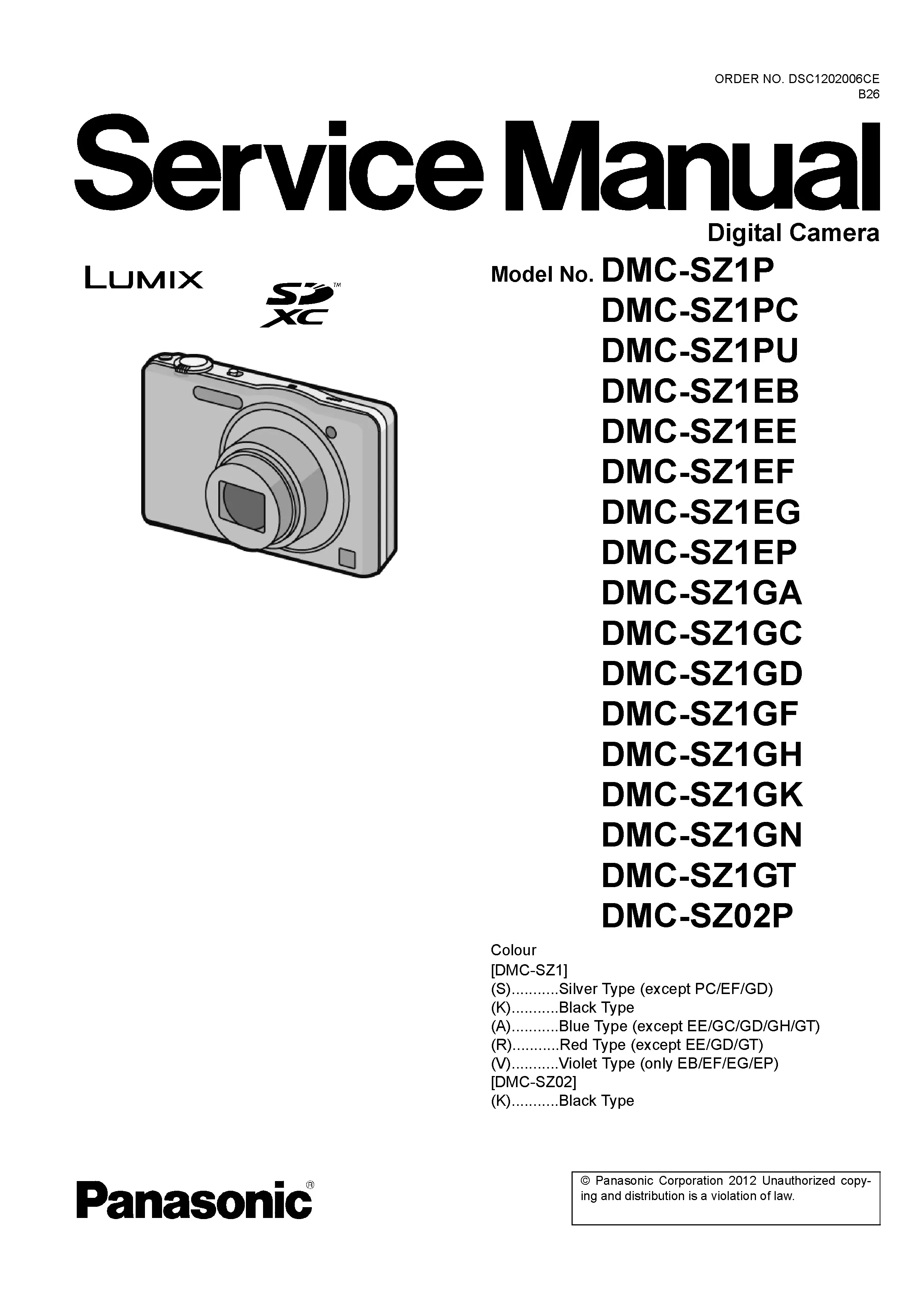 Panasonic lumix dmc sz1 sz02 service manual cover with picture of the camera, model type and numbers, manual creation date and safety and warning notice.