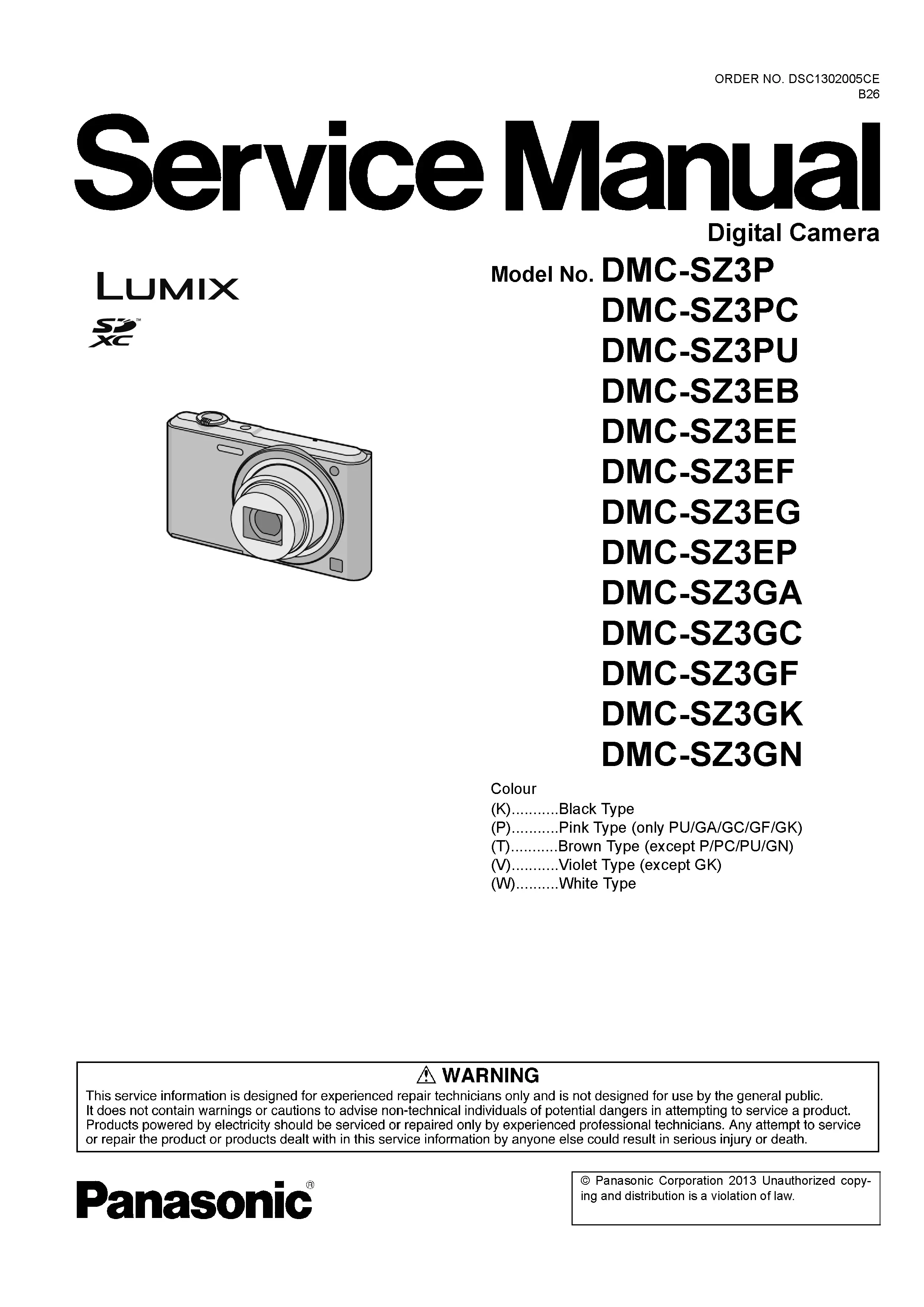 Panasonic lumix dmc sz3 service manual cover with picture of the camera, model type and numbers, manual creation date and safety and warning notice.