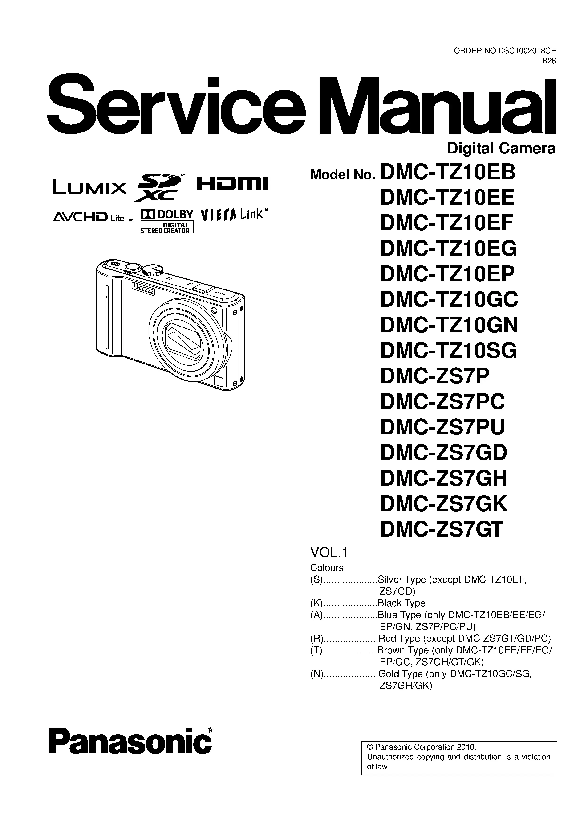 Panasonic lumix dmc sz7 service manual cover with picture of the camera, model type and numbers, manual creation date and safety and warning notice.