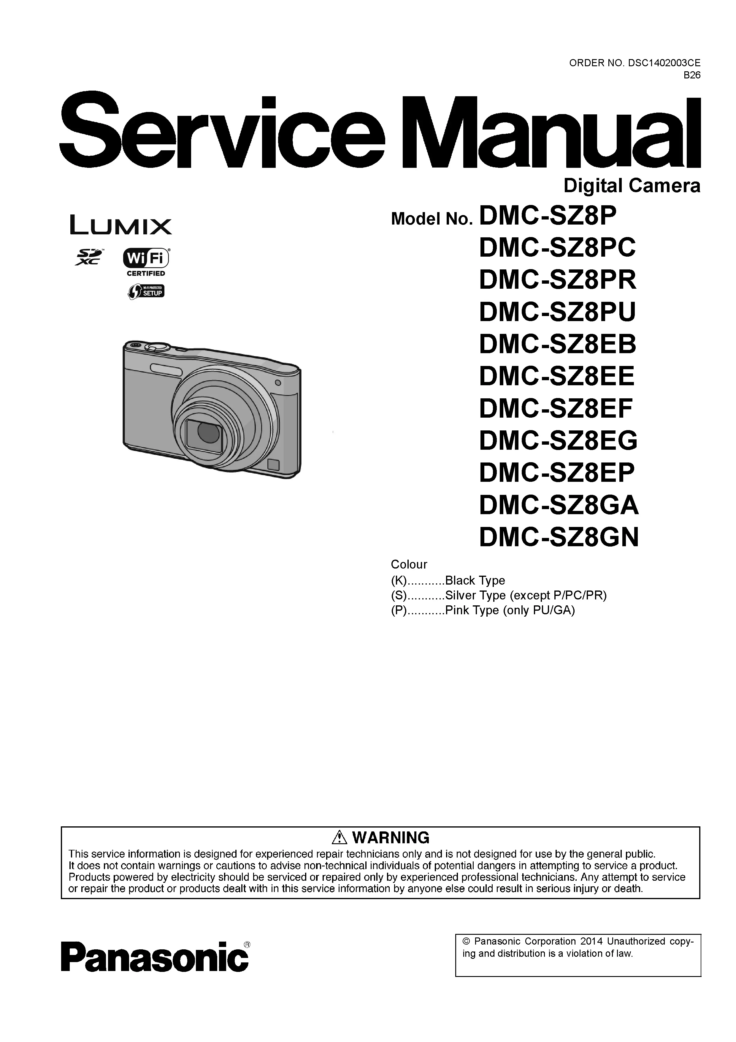 Panasonic lumix dmc sz8 service manual cover with picture of the camera, model type and numbers, manual creation date and safety and warning notice.