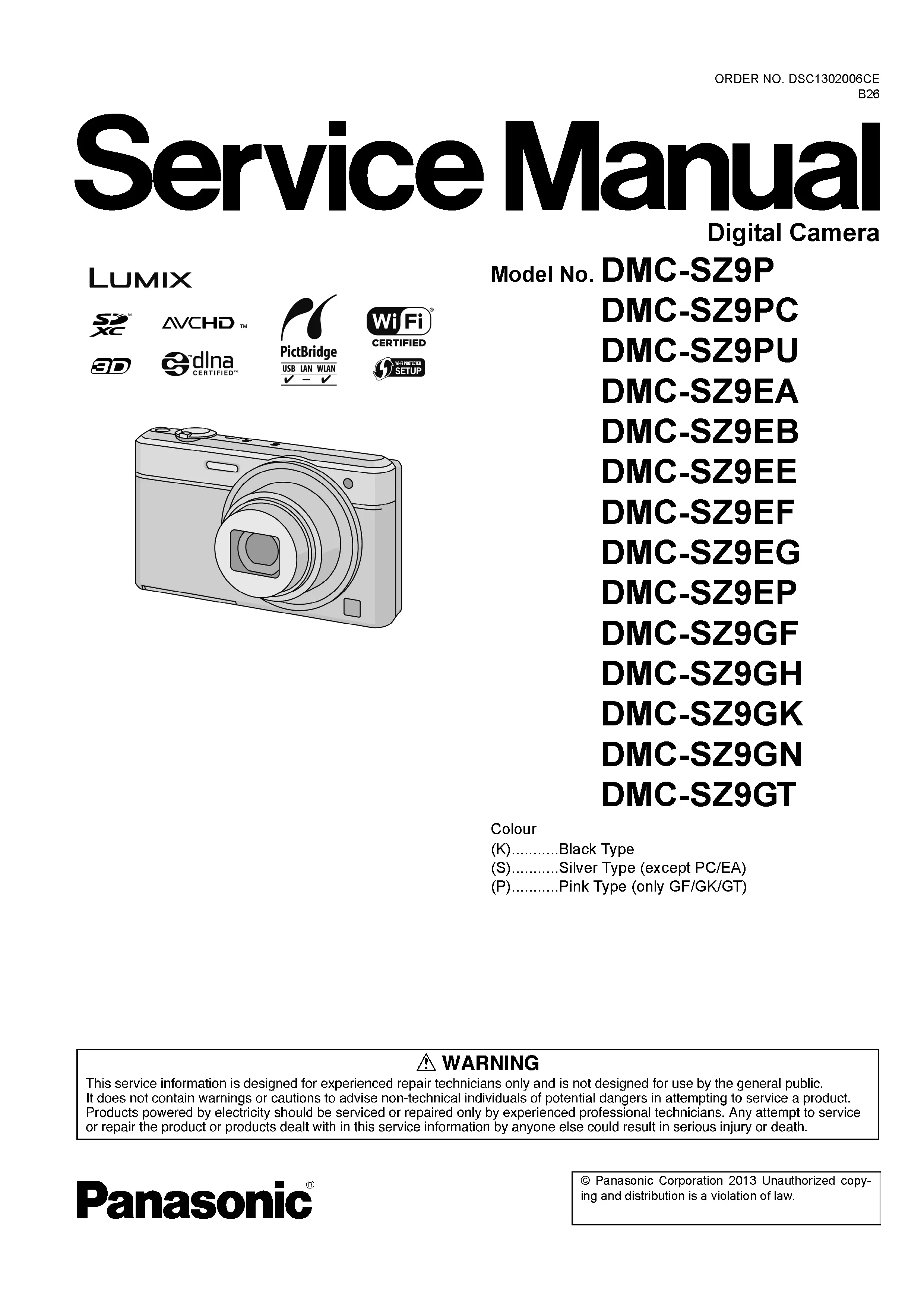 Panasonic lumix dmc sz9 service manual cover with picture of the camera, model type and numbers, manual creation date and safety and warning notice.