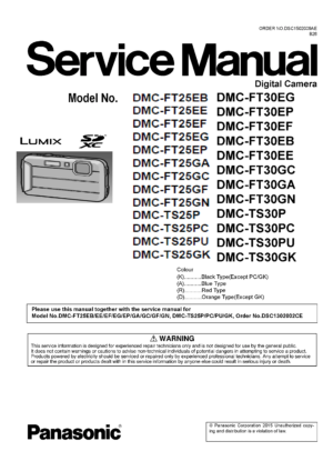 Panasonic lumix dmc ts25 ft25 ft30 ts30 service manual cover with picture of the camera, model type and numbers, applicable colors, manual creation year and document number