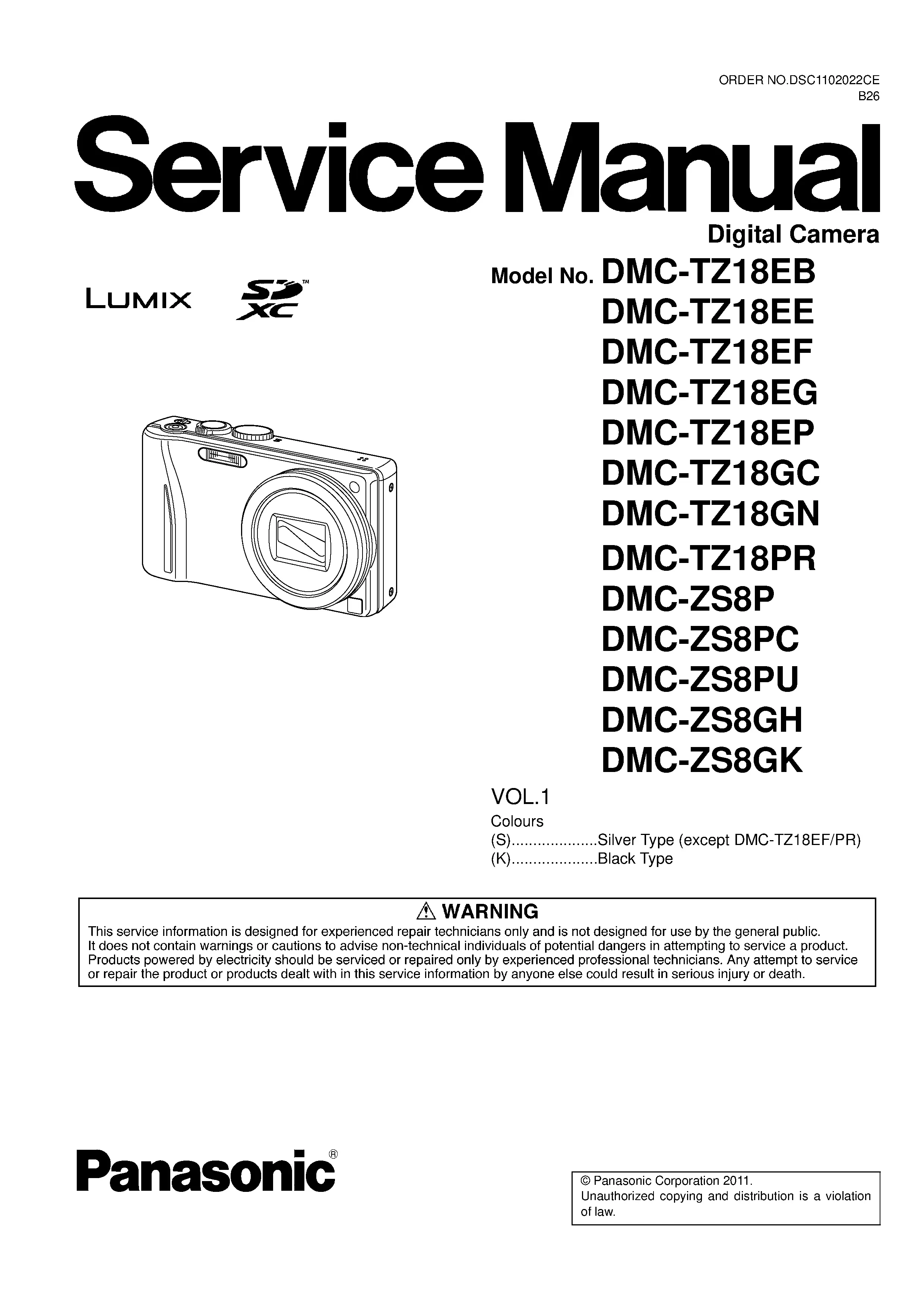 Panasonic lumix dmc tz18 zs8 service manual cover with picture of the camera, model type and numbers, manual creation date and safety and warning notice.