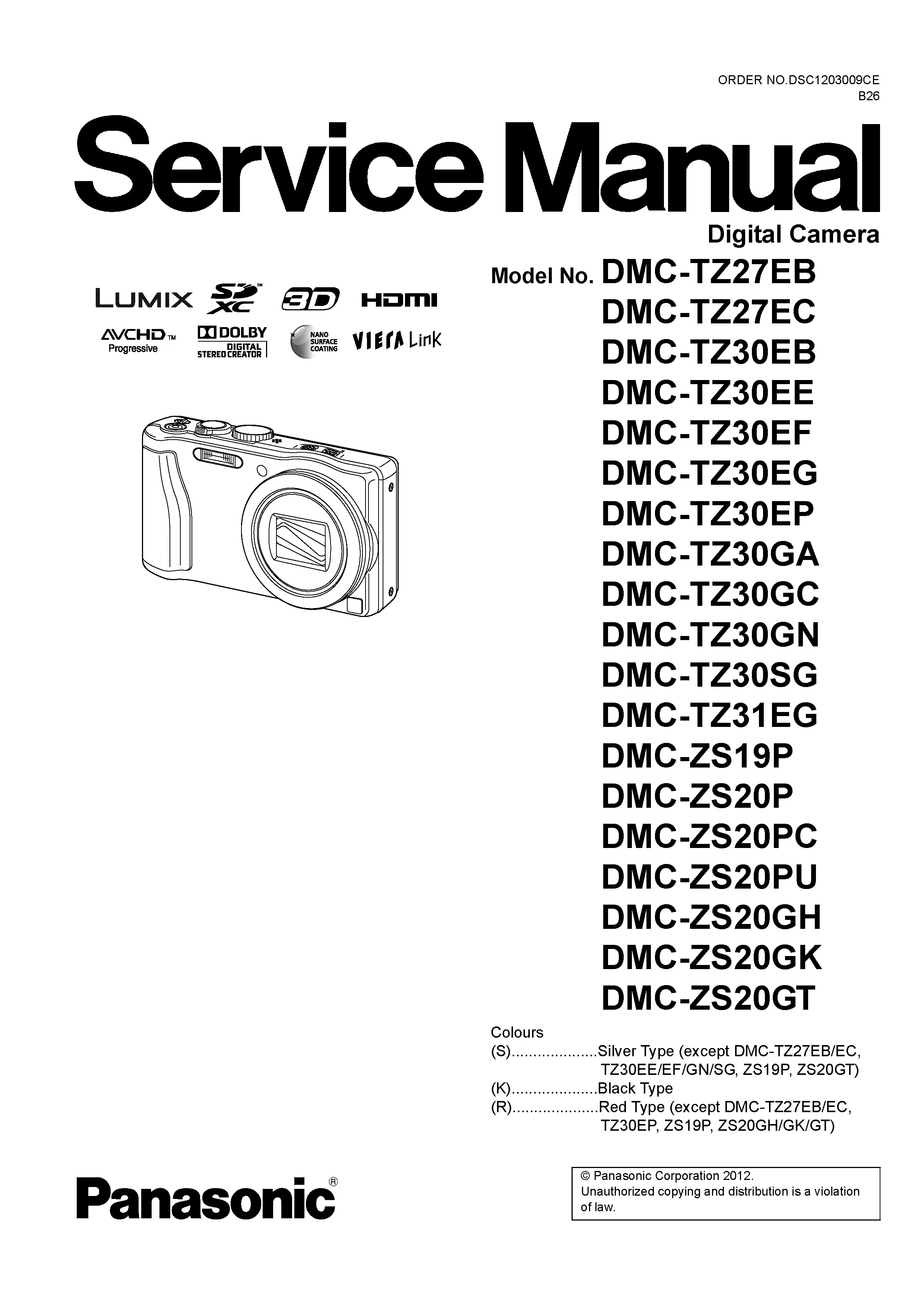 Panasonic lumix dmc tz27 tz30 tz31 zs19 zs20 service manual cover with picture of the camera, model type and numbers, manual creation date and safety and warning notice.